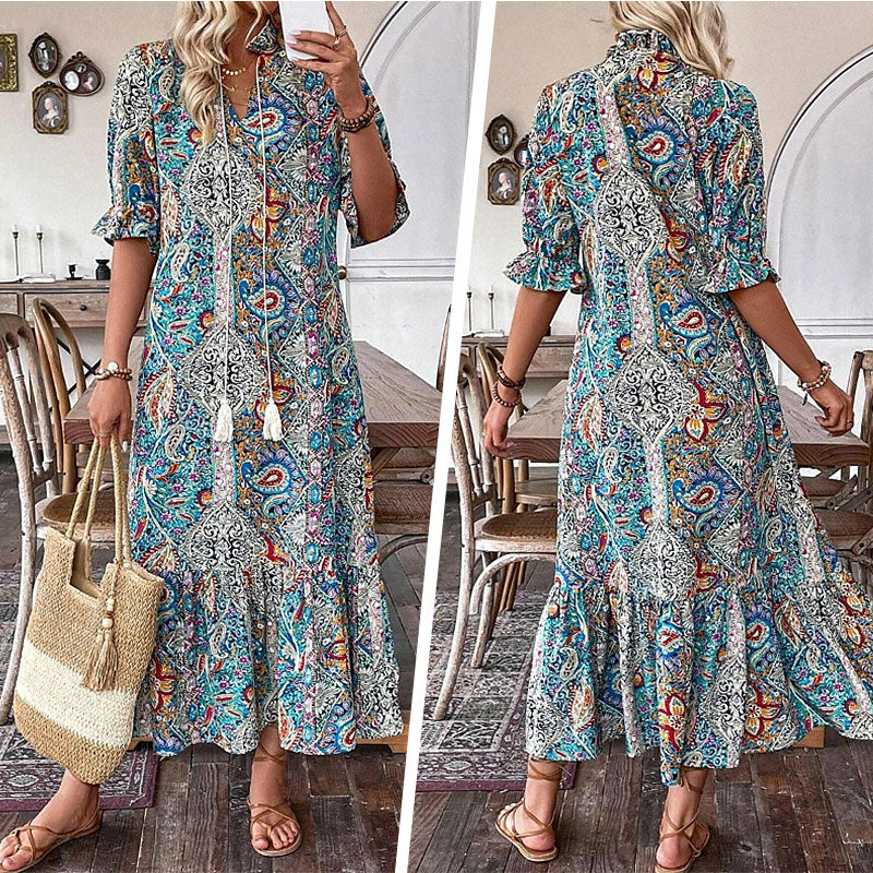 Lise - Elegante Boho Jurk met Bloemenpatroon
