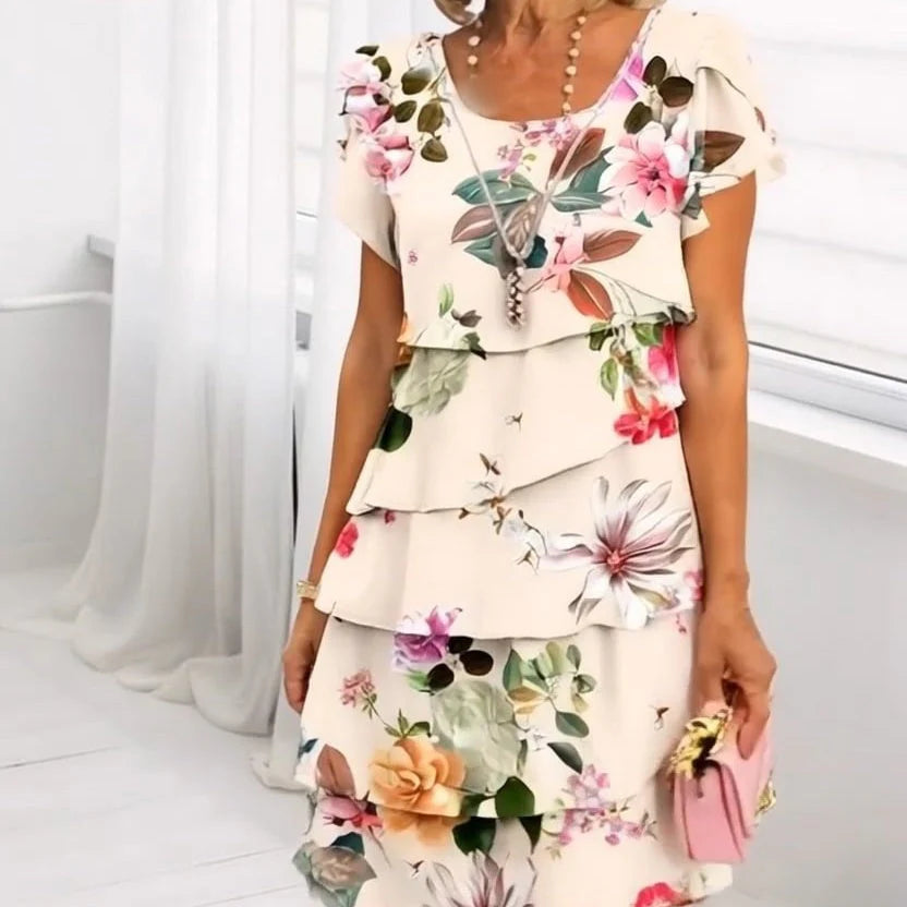 Elif - Bloemen geplooide jurk met ruches