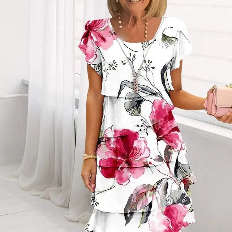 Elif - Bloemen geplooide jurk met ruches