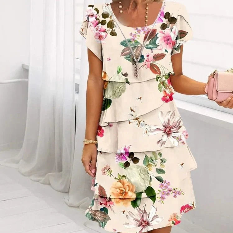 Elif - Bloemen geplooide jurk met ruches