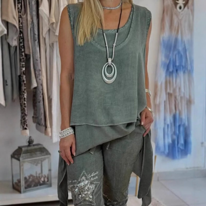 Oriane™ - Tweedelige damesset: mouwloze top en bedrukte broek