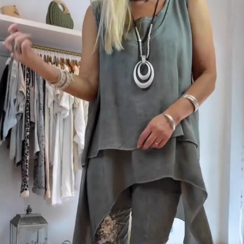 Oriane™ - Tweedelige damesset: mouwloze top en bedrukte broek
