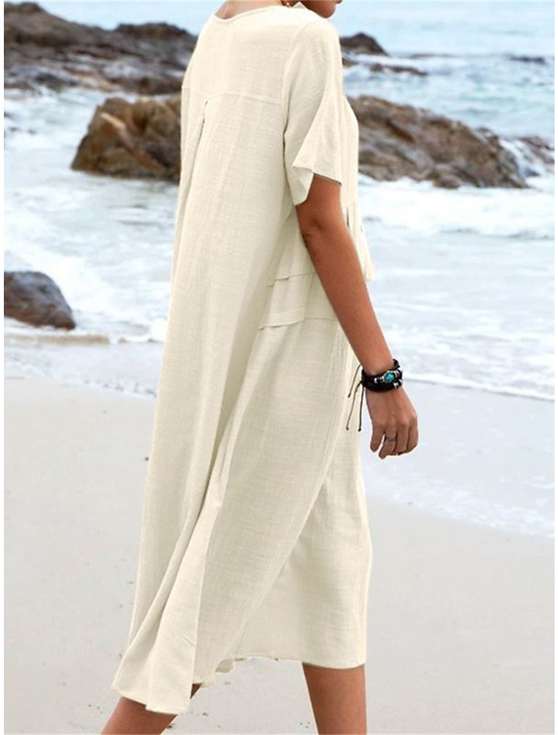 Oriana - Katoen en linnen Midi Dress met ronde hals