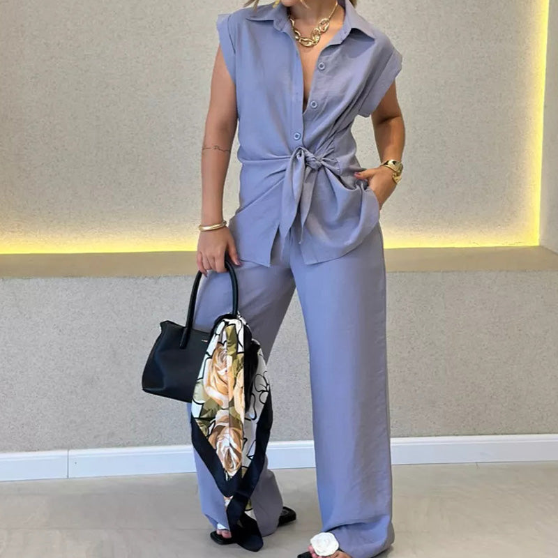 Ivette - Elegante set met blouse zonder mouwen en pantalon met hoge taille