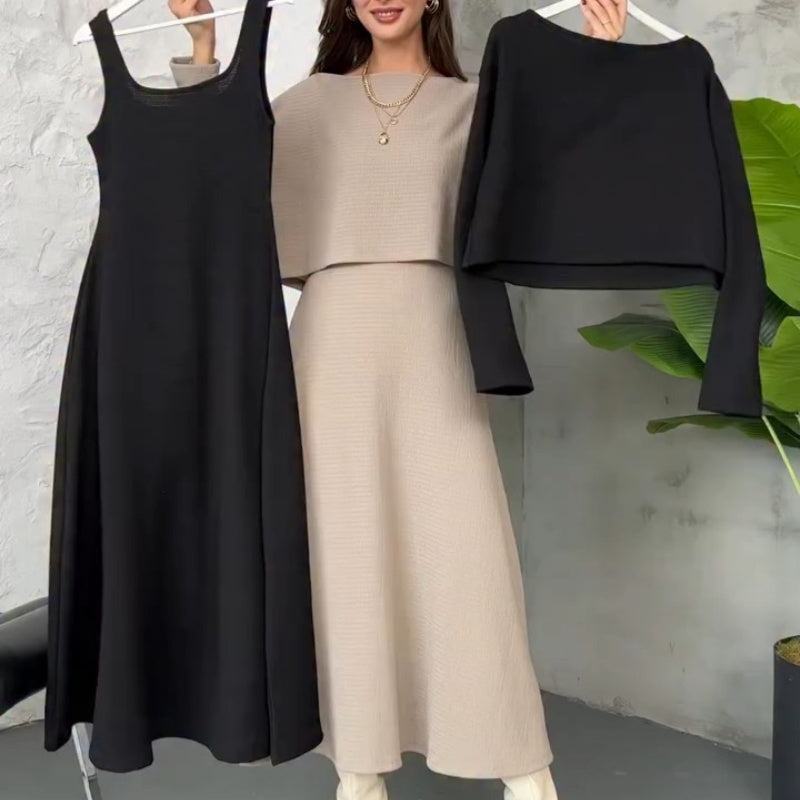 Kalissavine - Gebreide Twee-delige Set voor Dames – Midi Jurk & Elegante Korte Top