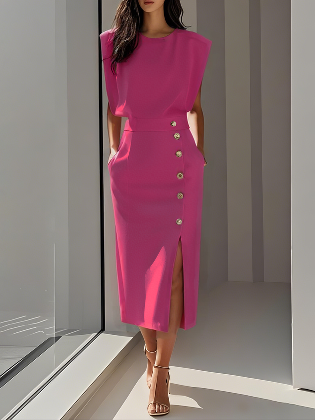 Floralia™ - Effen midi-jurk met knoopsplit en ronde halslijn