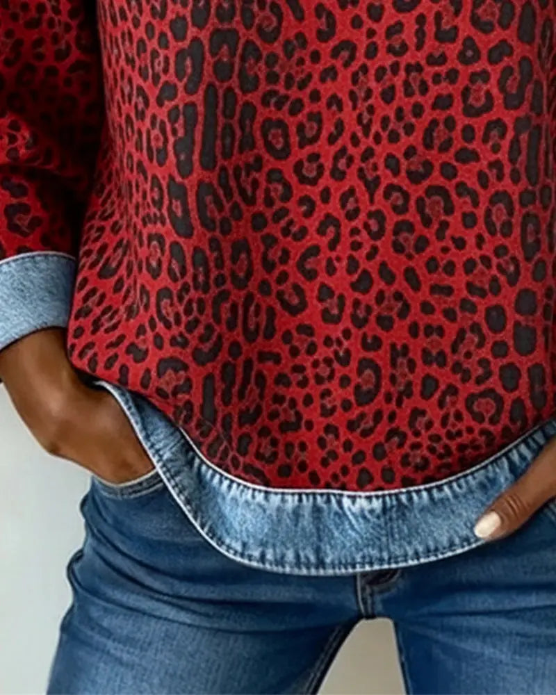 Averelisse - Casual Jeans Patchwork Leoprint Trui