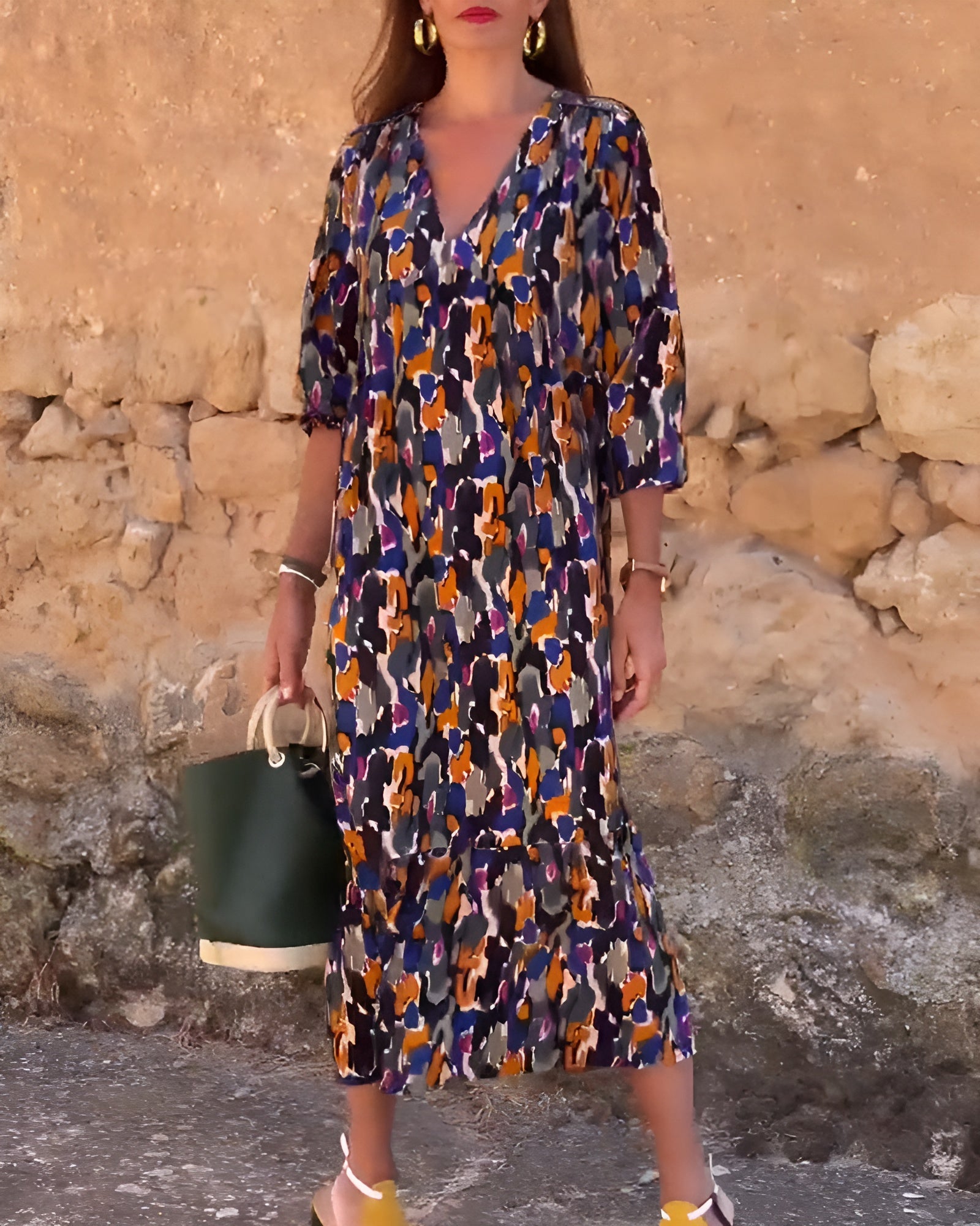 Lorina™ - V-hals jurk met retroprint