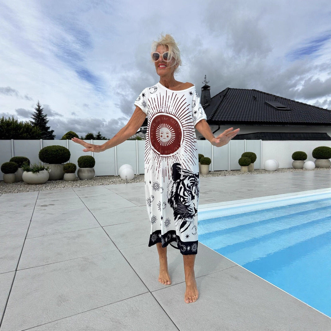 Cerelina™ - Dames zomerjurk met korte mouw en v-hals en print