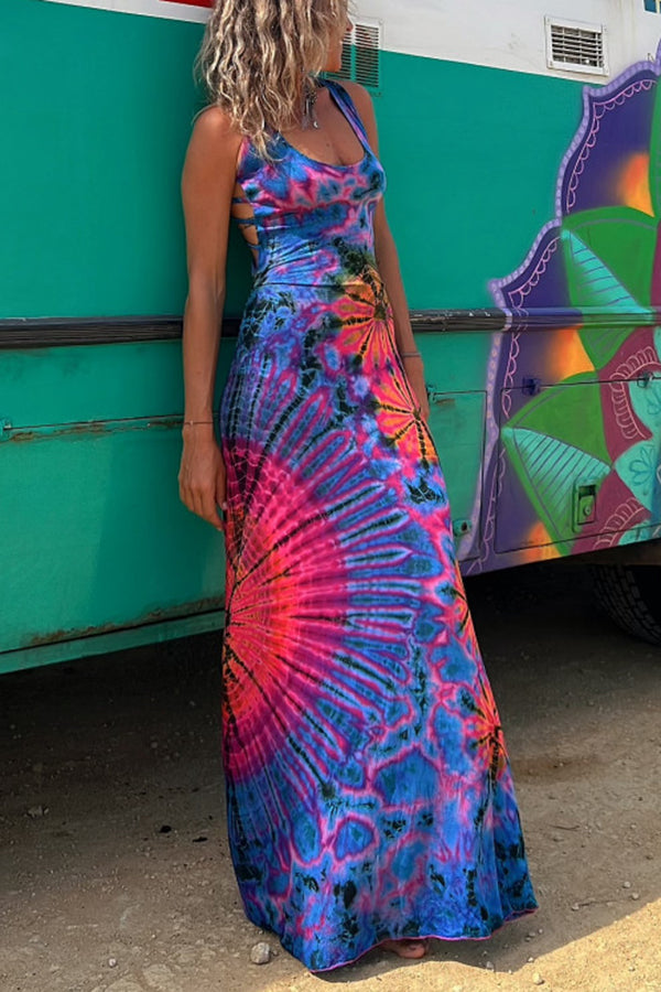 Junaria™ - Maxi-jurk met tie-dye print, vetersluiting op de rug, stretch (met ingebouwde bh)