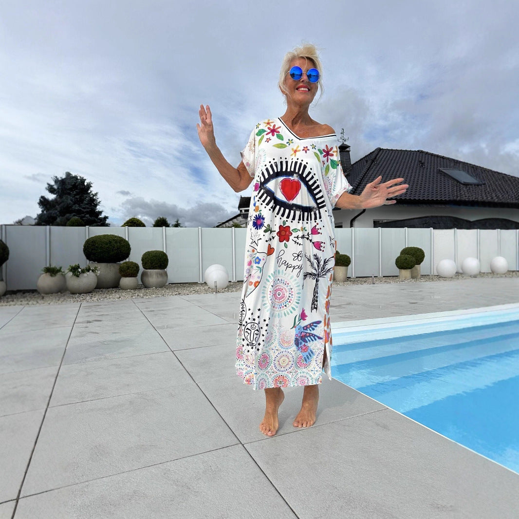 Cerelina™ - Dames zomerjurk met korte mouw en v-hals en print