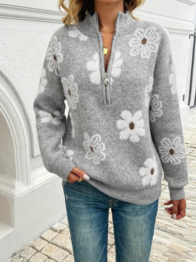 Pauline™ - Sweater met rits en bloemmotief met dropped shoulders