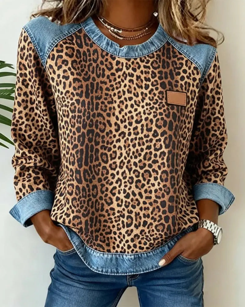 Averelisse - Casual Jeans Patchwork Leoprint Trui