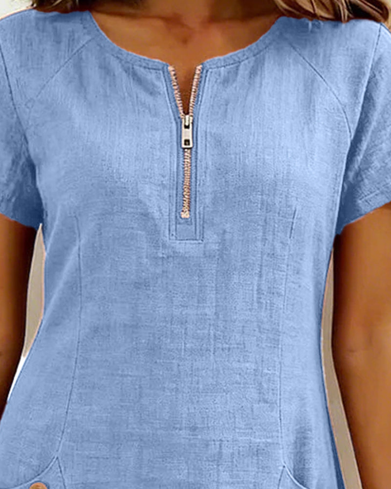 Kovira - Korte Katoenen Linnen Jurk met Rits en Zakken