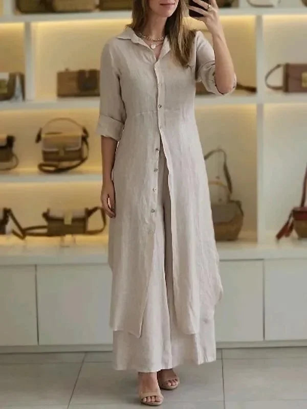 Bresina™ - Elegante linnen set met lange overhemdjurk en soepelvallende broek