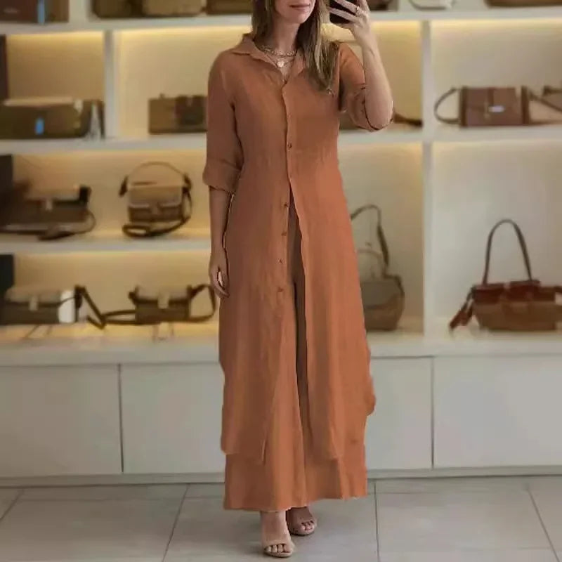 Bresina™ - Elegante linnen set met lange overhemdjurk en soepelvallende broek