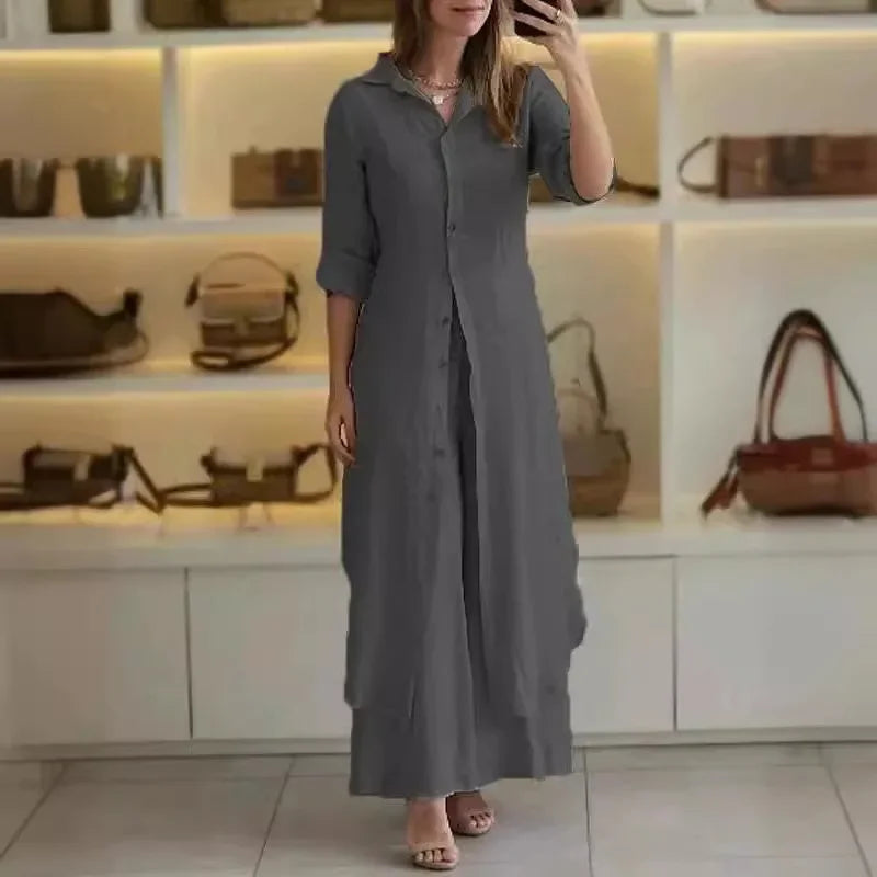 Bresina™ - Elegante linnen set met lange overhemdjurk en soepelvallende broek