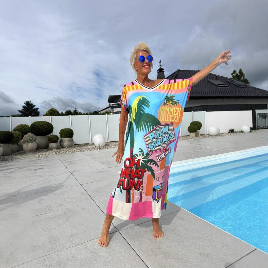 Cerelina™ - Dames zomerjurk met korte mouw en v-hals en print