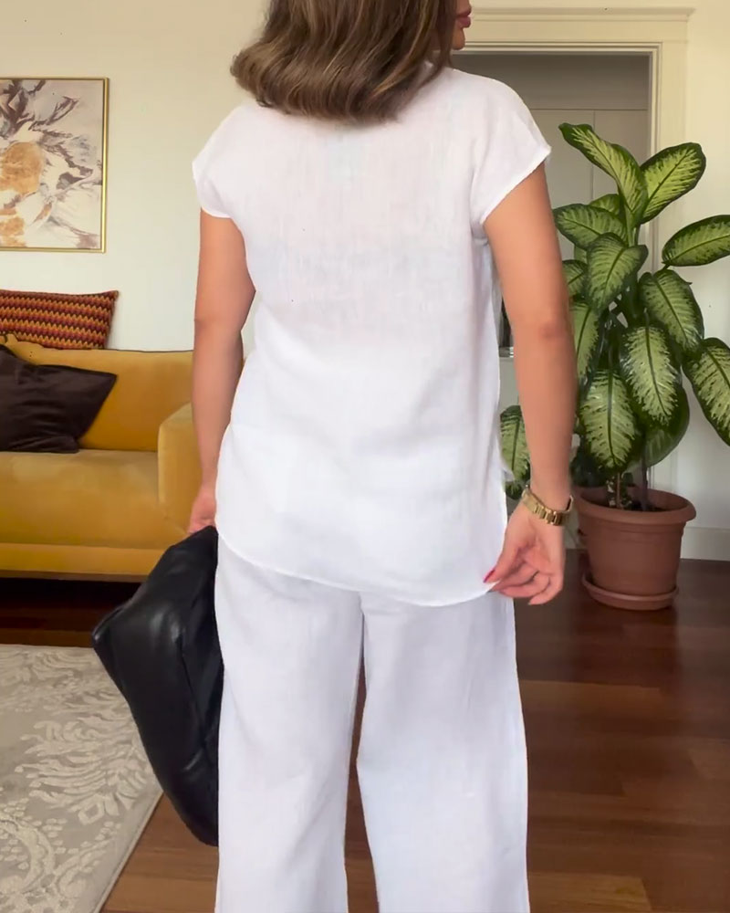 Quinara™ - Effen casual broek van katoen en linnen