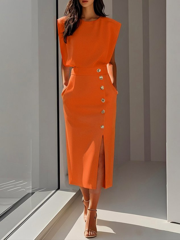 Floralia™ - Effen midi-jurk met knoopsplit en ronde halslijn