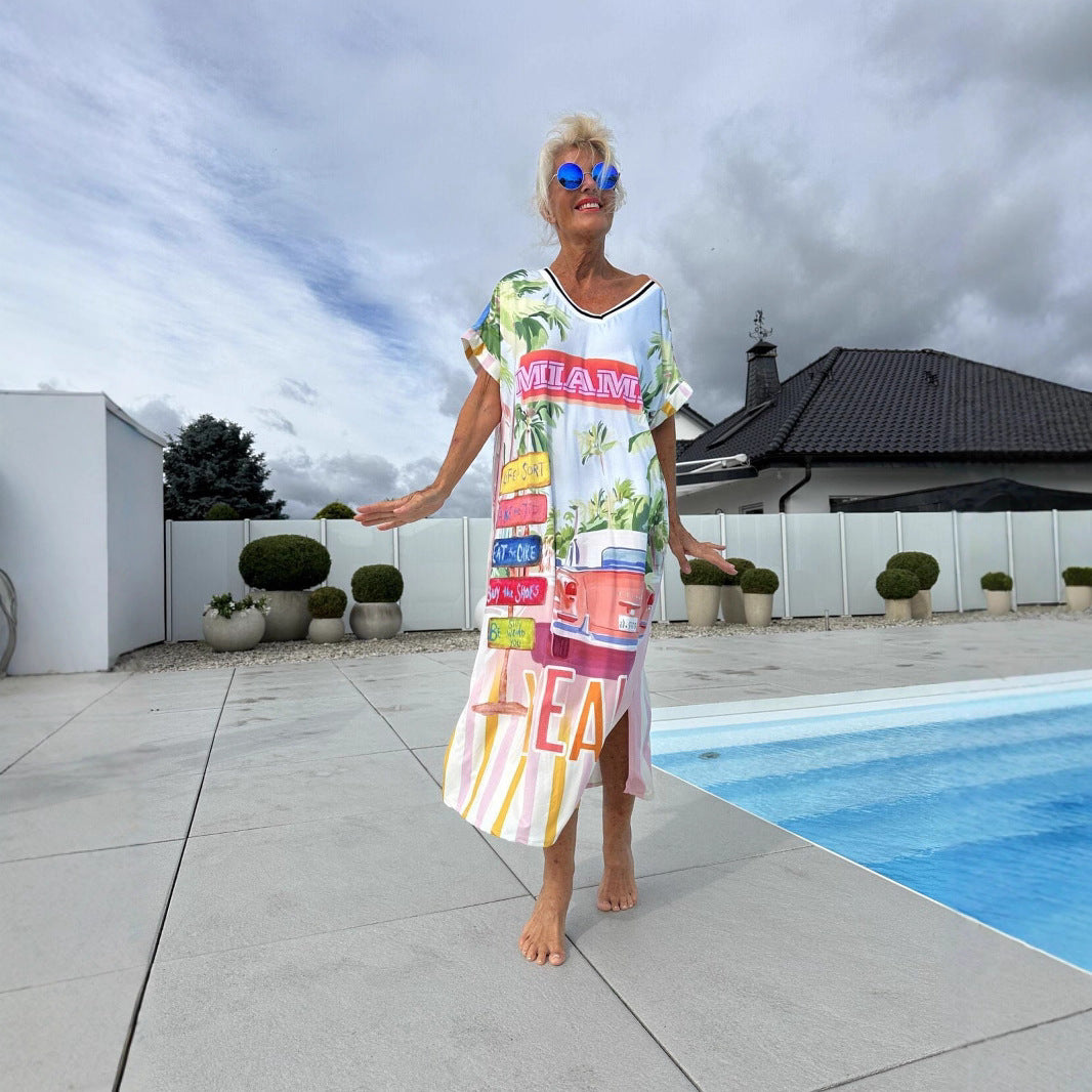 Cerelina™ - Dames zomerjurk met korte mouw en v-hals en print