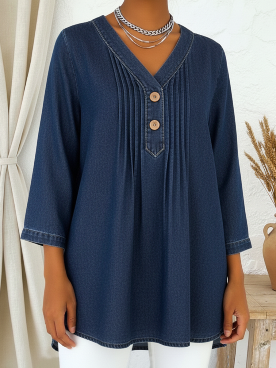 Avelynne - Blouse Denim Vloeiend met V-hals