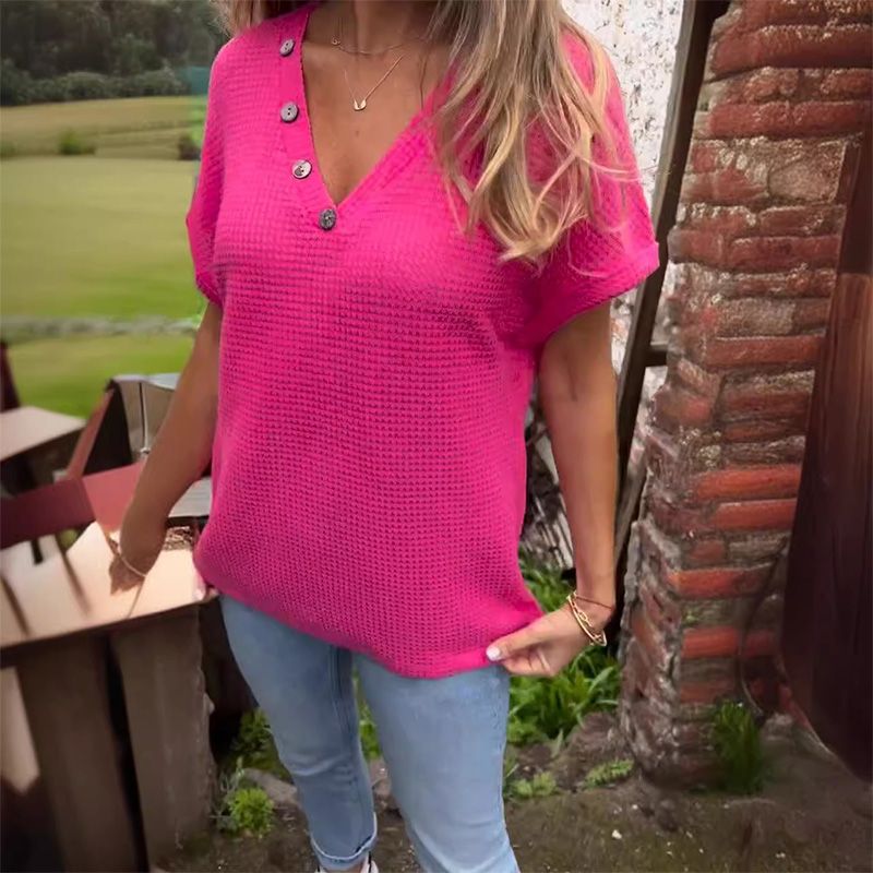 Adina™ - Stijlvolle V-hals Top met Korte Mouwen en Knopen