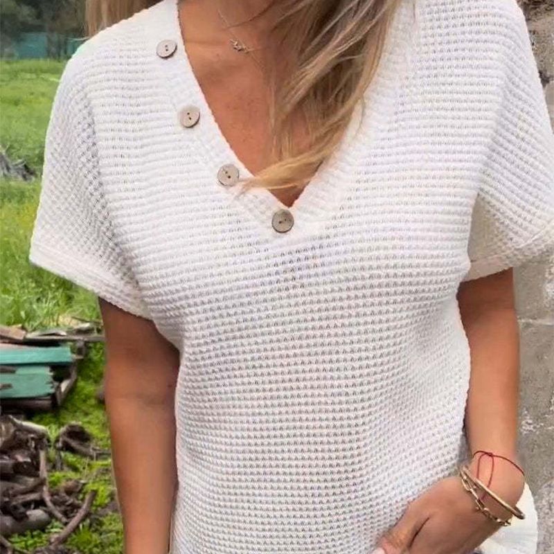Adina™ - Stijlvolle V-hals Top met Korte Mouwen en Knopen