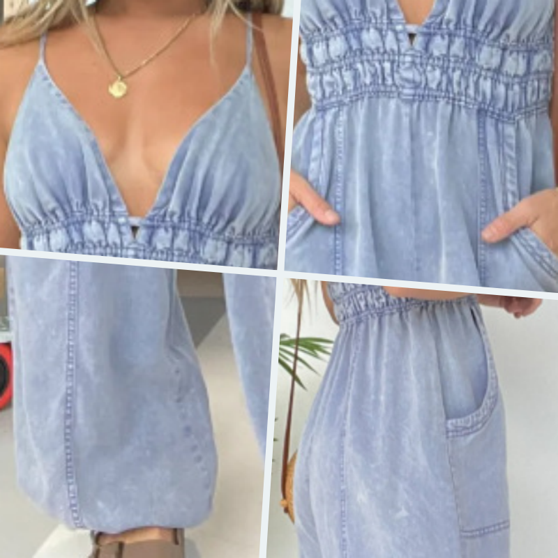 Anja™ - Denim Deep V-Hals Jumpsuit voor Vrouwen