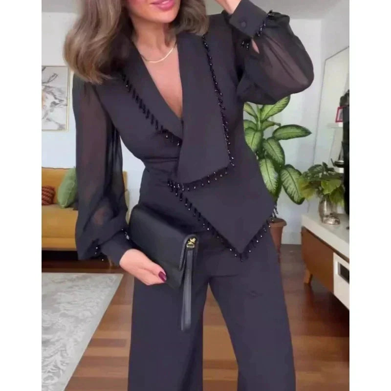 Vivienne™ - Kralen top en wijde broek Elegante set