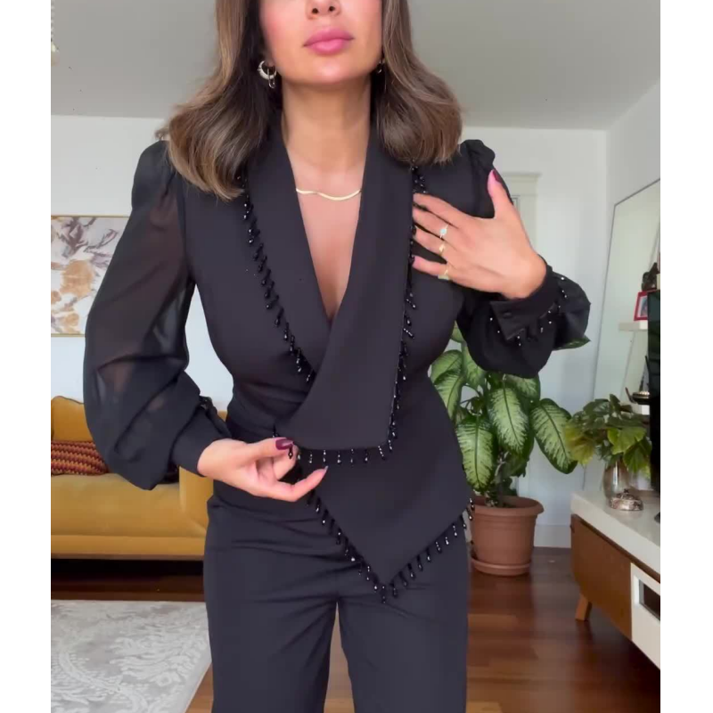 Vivienne™ - Kralen top en wijde broek Elegante set