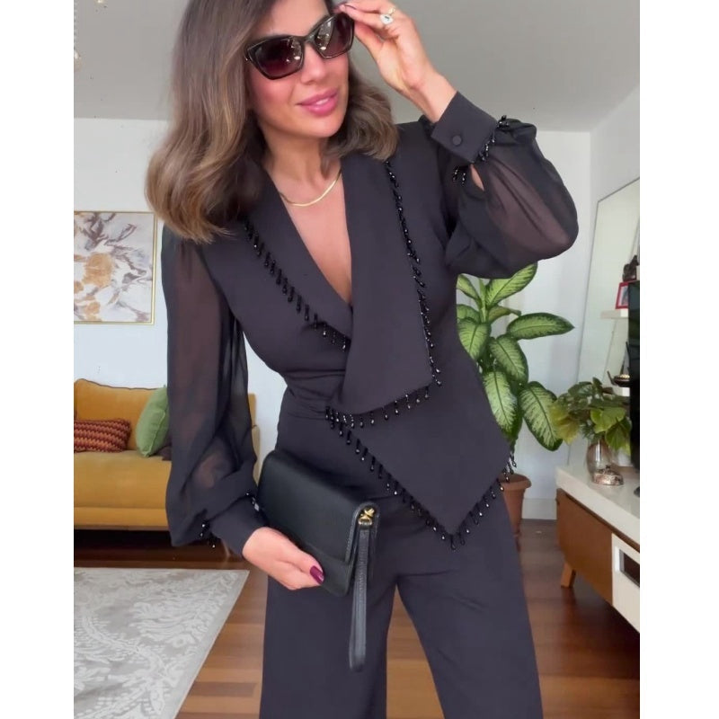 Vivienne™ - Kralen top en wijde broek Elegante set