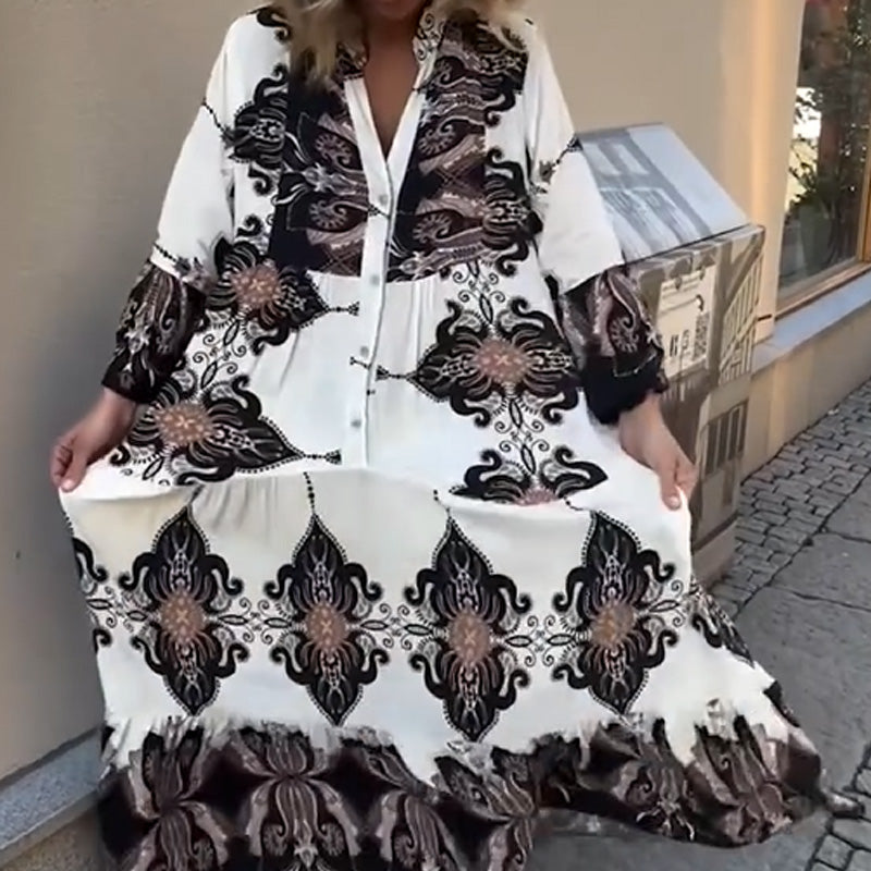 Anirelle™ - Elegante damesjurk met print, soepelvallend, V-hals en uitlopende mouwen