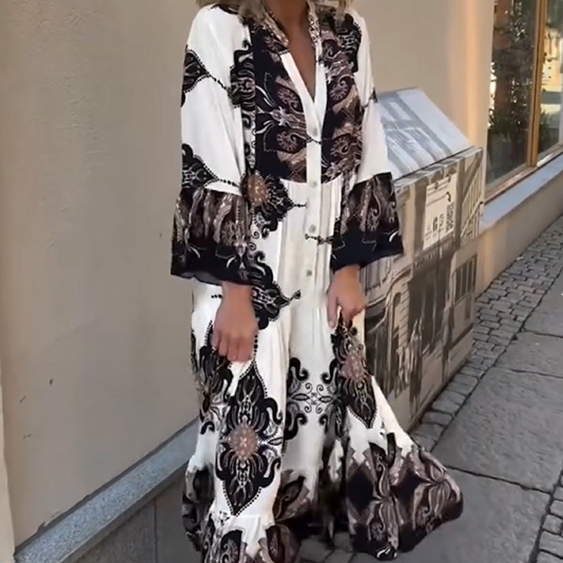 Anirelle™ - Elegante damesjurk met print, soepelvallend, V-hals en uitlopende mouwen