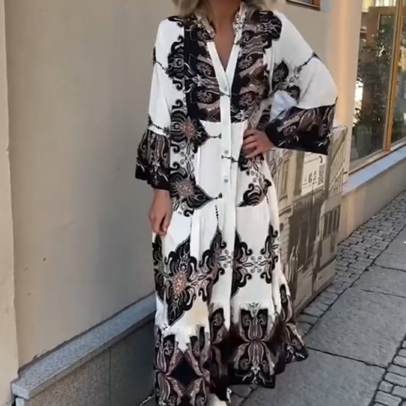 Anirelle™ - Elegante damesjurk met print, soepelvallend, V-hals en uitlopende mouwen