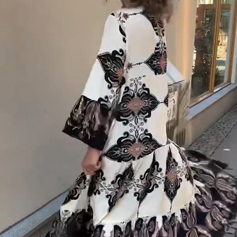 Anirelle™ - Elegante damesjurk met print, soepelvallend, V-hals en uitlopende mouwen