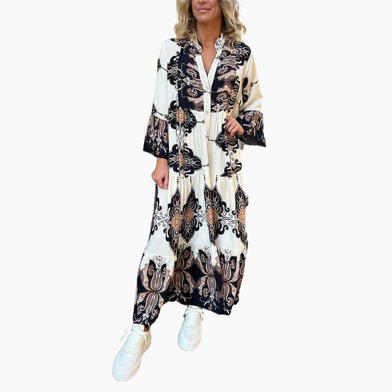 Anirelle™ - Elegante damesjurk met print, soepelvallend, V-hals en uitlopende mouwen