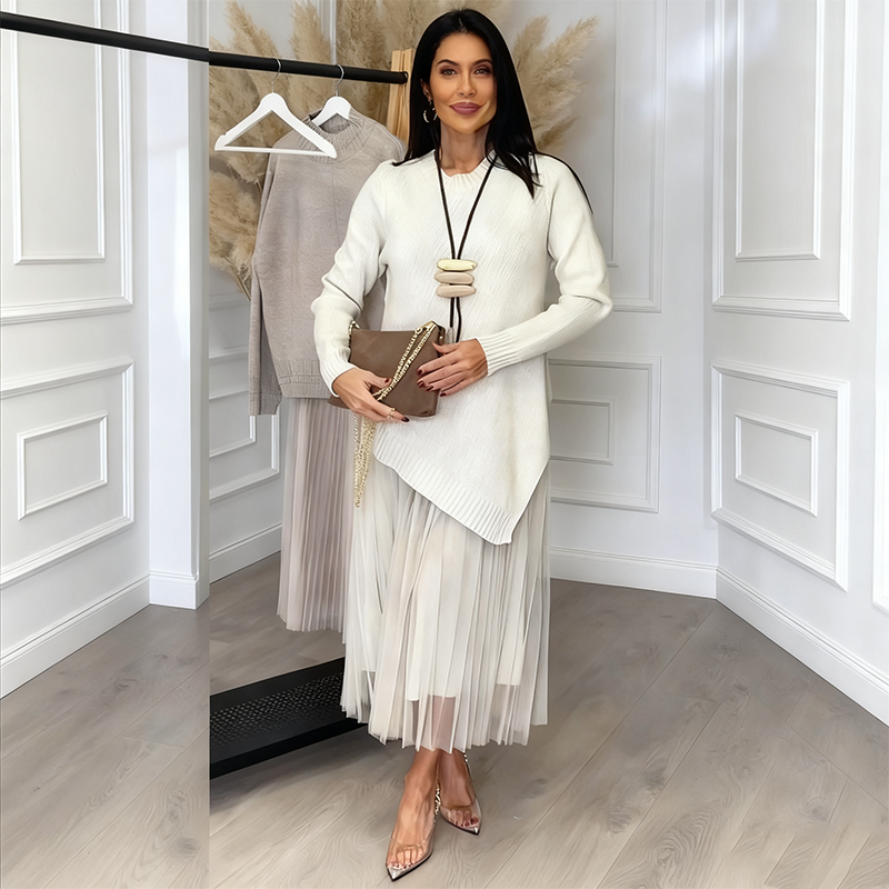 Evelyara - Asymmetrische Trui en Plissé Midi Jurk