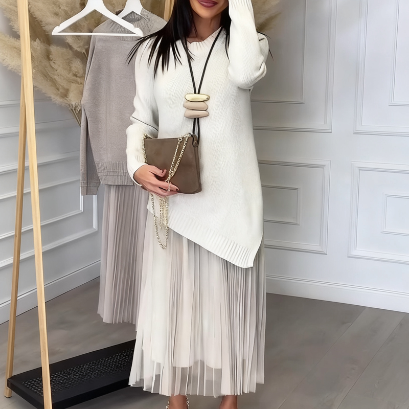 Evelyara - Asymmetrische Trui en Plissé Midi Jurk