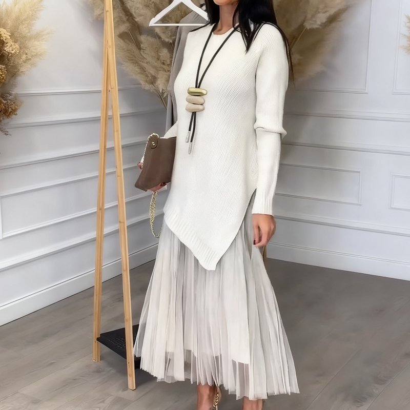 Evelyara - Asymmetrische Trui en Plissé Midi Jurk